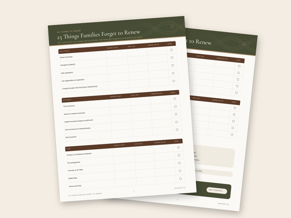 The free 25 Things Families Forget to Renew checklist, two printed pages