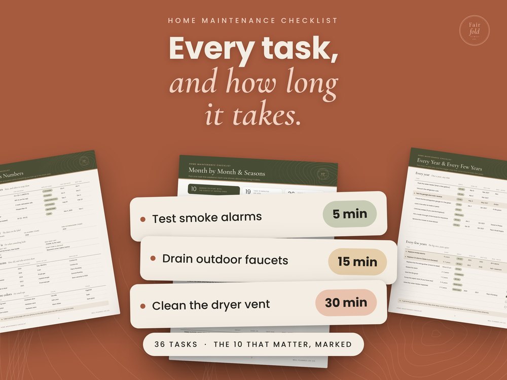 Home Maintenance Checklist with task cards and time estimates