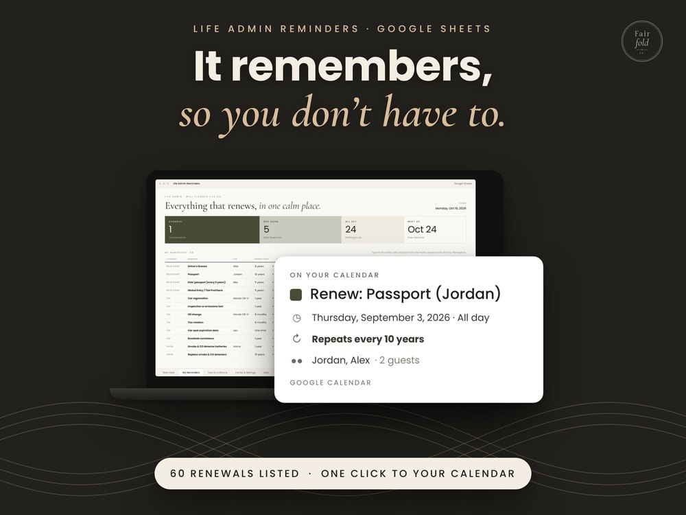 Life Admin Reminders spreadsheet on a laptop with a Google Calendar reminder card